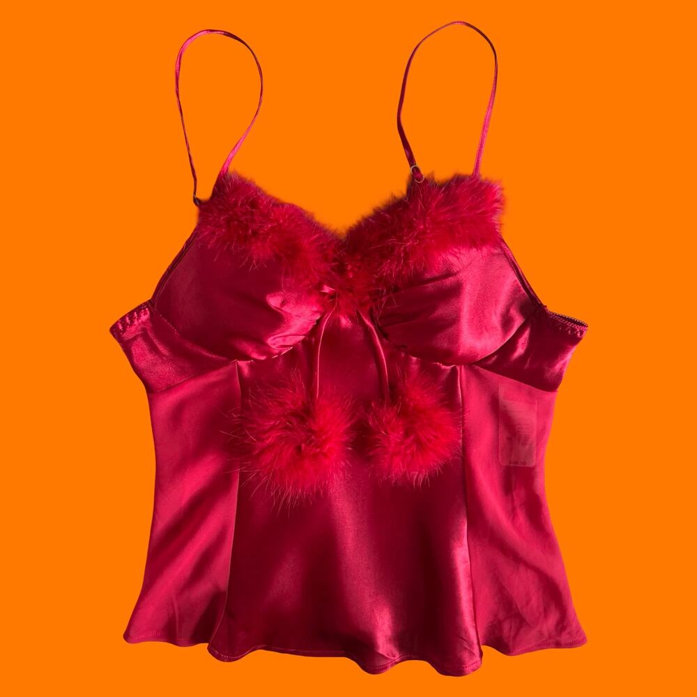 00's vintage red satin feather trim y2k lingerie tank top MEDIUM *deadstock*